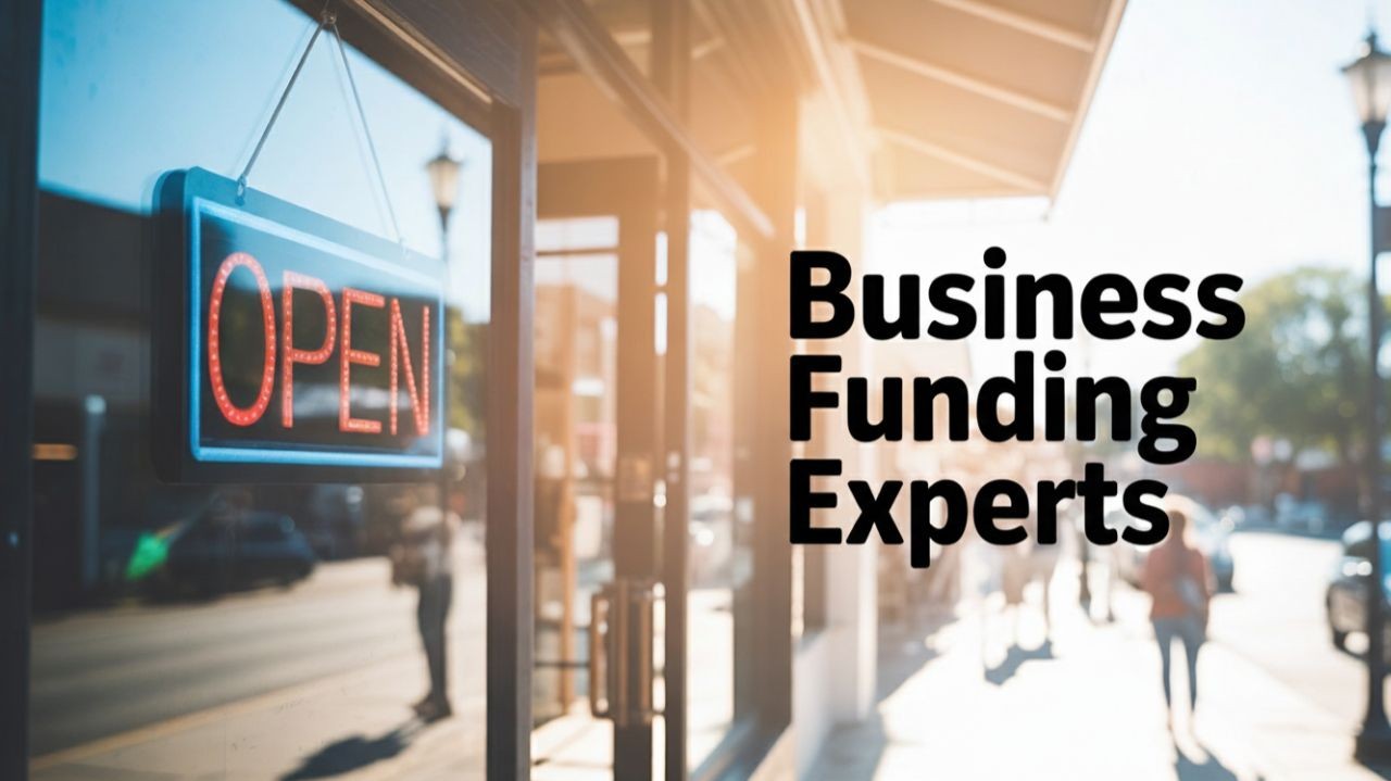 Storefront with a neon open sign and text 'Business Funding Experts' beside it.