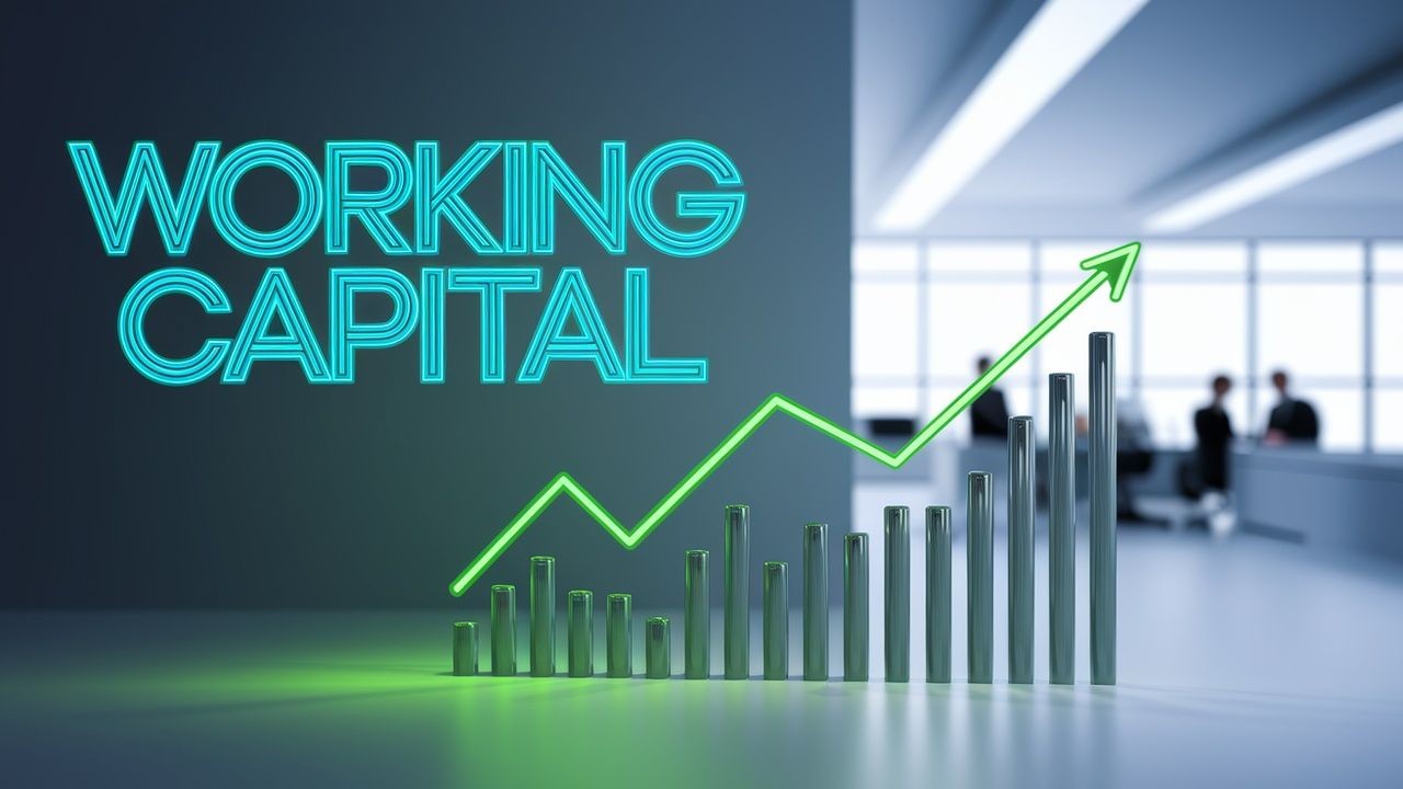 Stylized chart with upward trend line and 'Working Capital' text in office setting.