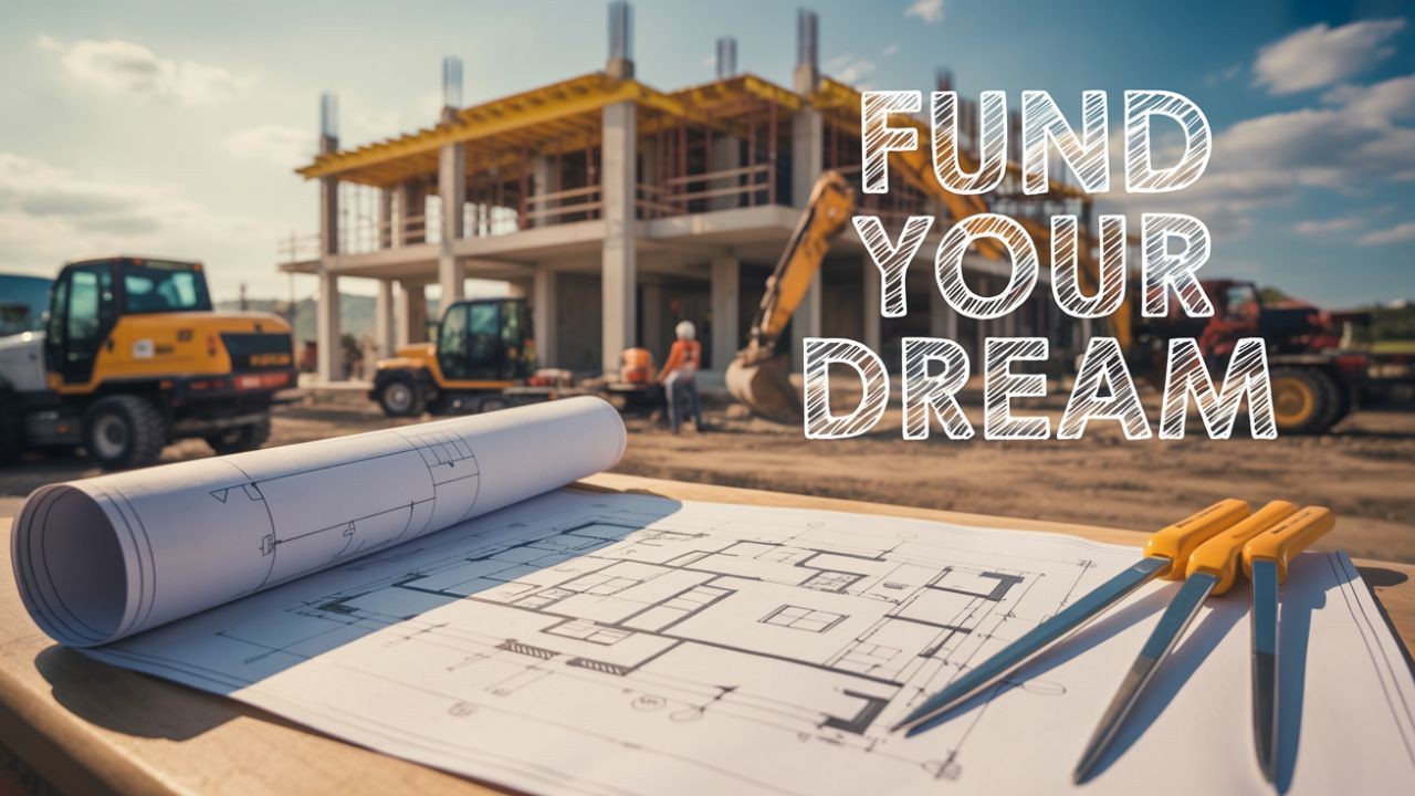 Blueprints and tools on table at construction site with 'Fund Your Dream' text.
